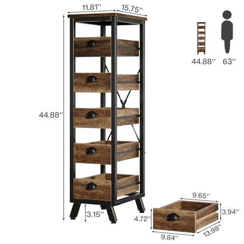 Tribesigns Wood Fruit and Vegetable Storage Rack Set of 2, 5-Tier Narrow Snack Stand Kitchen Stand Fruit Basket, Pull-Out Utility Organizer for Kitchen, Living Room, Rustic Brown