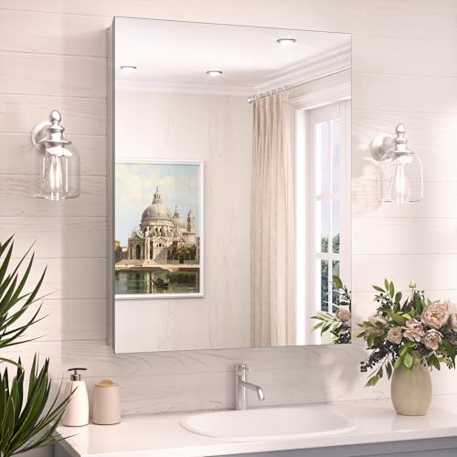 TokeShimi 24x32 Mirrored Medicine Cabinet Recessed or Wall Mount, Aluminum Tempered Silver Bathroom...