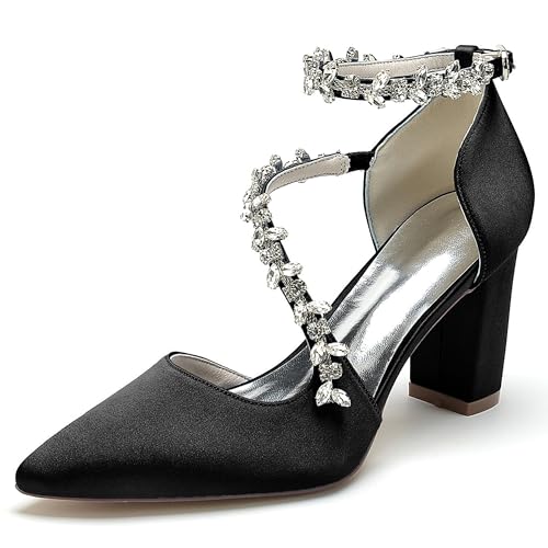 Escarpin satin strass pour mariage avec talon bloc de 8.5cm et bout pointu