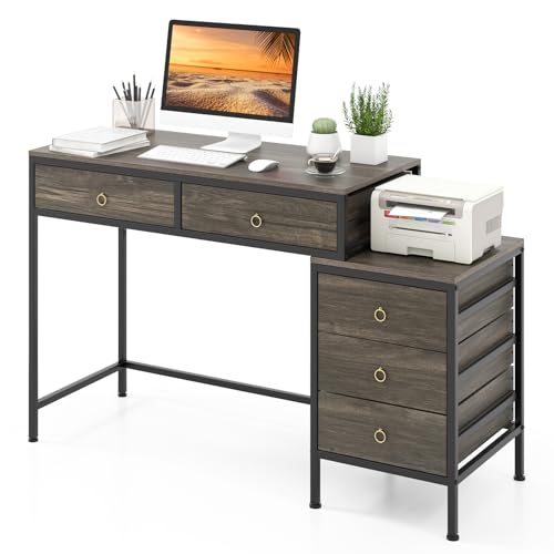 Giantex Computer Desk w/ 5 Drawers, Home Office Desk w/Side File Cabinet, Heavy-Duty Metal Frame Working Desk, Industrial Styled Workstation, PC Gaming Desk, Writing Table (Grey & Black)