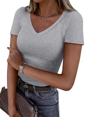 ANRABESS Women Short Sleeve V Neck Ribbed Knit Fitted Shirts Basic Tees Tops 2026 Summer Casual T-Shirts Going Out Outfits Light Gray Medium