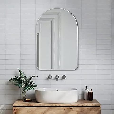 Pexfix Arched Wall Mirror 36"x24" Large Bedroom Mirror with Aluminum Alloy Thin Frame,Arch Top Rounded Corner,Silver Cover