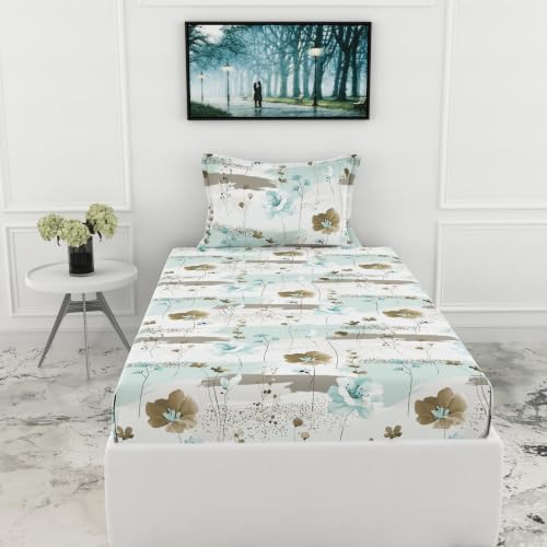 Image of LORETO - A QUALITY LINEN BRAND 210 TC 100% Pure Cotton Single Fitted Bedsheet with 1 Pillow Cover for 78 x 36 Inch Mattress, All-Around Elastic, 8 Inch Deep Pocket, Light Green & Beige