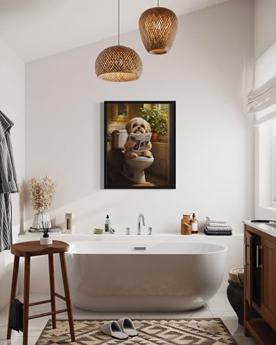 Image of Shih Tzu on Toilet Black Framed Wall Art Print Poster, Dog Bathroom Humor Decor Posters Prints for Restroom Home Picture Painting Artwork Gallery 7 (Shih Tzu, 10 inchL x 8 inchW, Black Frame)