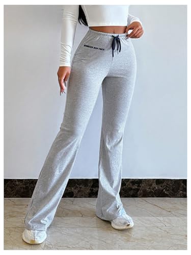COZYEASE Women's Letter Graphic Bell Pants Flare Bottom Drawstring Waist Skinny Long Trousers4