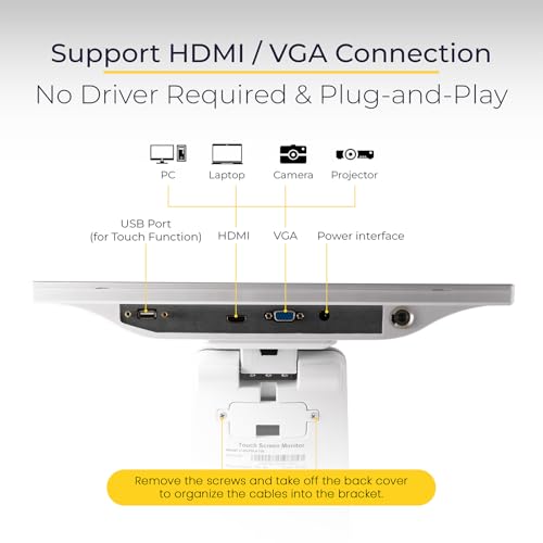 Image of Volcora 15.6 inch White LED Touch Screen Monitor with Metal Stand - Backlit 1366 * 768 with VGA HDMI Connection for Small Business, Restaurant, Office - No Driver Required (Not Compatible with macOS /iOS)