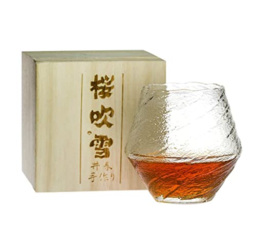 Japan Art Design Falling Sakura Snow Whisky Tasting Nosing Neat Glass Old Fashioned Tumbler Wooden Gift Box Whiskey Cup Mat