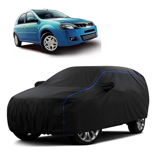 Image of Sulfar 100% Water Resistant Car Body Cover Compatible with Mirror for Mahindra Verito Vibe (Triple Stitched, Full Bottom Elastic, Black Tafetta with Blue Piping)