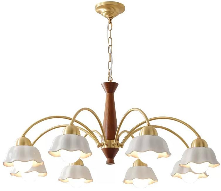 Lustre moderne du milieu du siècle en bois et fleur en verre blanc 8L
