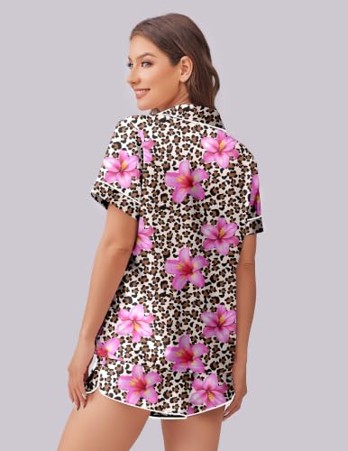 Image of Ekouaer Womens Silk Satin Pajama Set Print Short Sleeve Sleepwear Button Down Pjs Shorts Set Loungewear