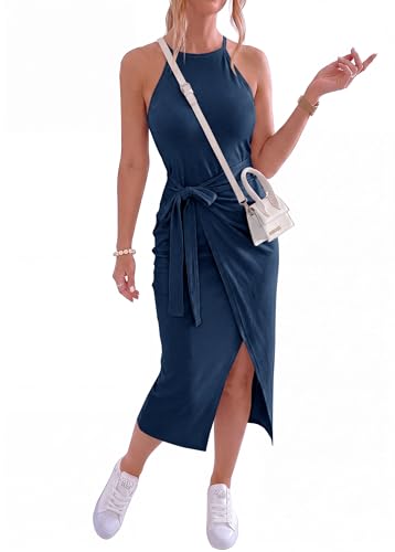 Image of NOLLSOM Women Casual Sleeveless Striped Tank Midi Dresses Halter Neck Ruched Bodycon Dresses Tie Waist T Shirt Summer Dress