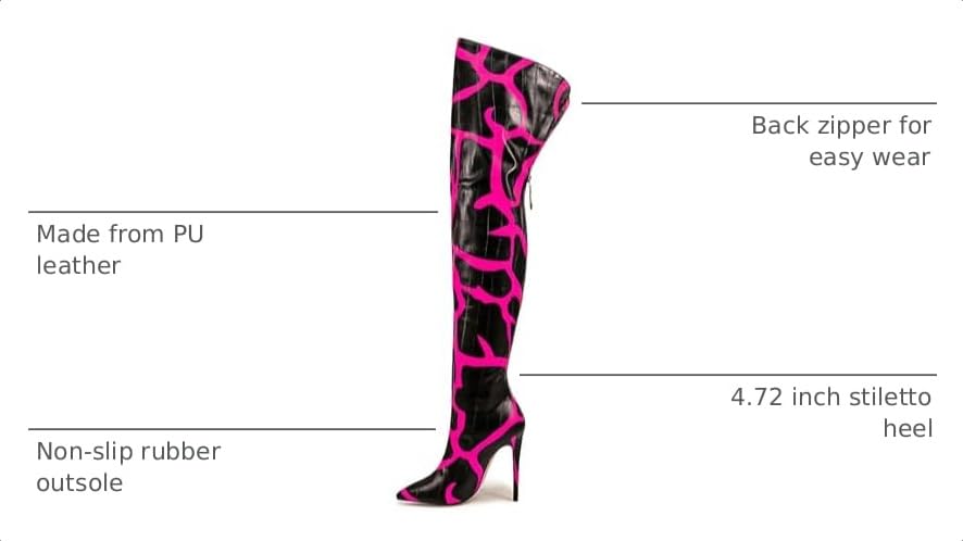 Image of Thigh high boots for women striped Back zipper Burgundy Zebra Print Over the knee Sexy gold white pointed toe Cow Print leopard Magenta stiletto heel