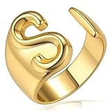 S Initial Rings for Women, GoldChic Jewelry Gold Bold Letter Ring With Alphabet S, Adjustable 14k Gold Plated Rings for Hip Hop Dancer