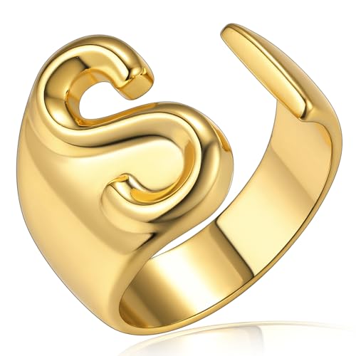 KeyStyle Bold Initial Letter Rings Adjustable, GoldChic Jewelry Women Gold Statement Ring Personalized Engraved Women’s Open Signet Ring for Party (Gold, White Gold, Black)