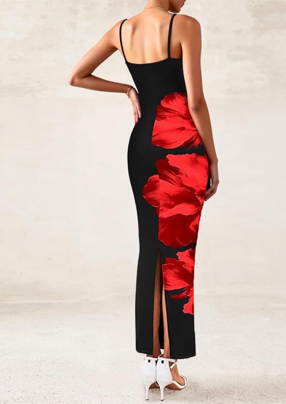 Vestito Lungo Donna Sexy Spaghetti Strap Maxi Abito Estivo Senza Maniche Collo Quadrato Vestito Stampa Floreale Elegante Aderente con Spacco Abiti per Cerimonia Festa Cocktail Spiaggia Sera