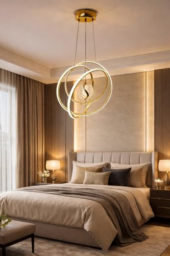 Image of Modern Premium Loop Curved LED Stylish Gold Finish with 3 Different Color Mode (Warm White, Cool White, Neutral White) Chandelier with Height Adjustable Hanging for Bedroom, Living, Dining,
