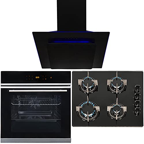 SIA BISO6SS 60cm Black Touch Control 10 Function Single Fan Oven, 4 Burner Gas On Glass Hob & Mood Lit Angled Cooker Hood Kitchen Extractor Fan