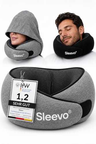 Sleevo Pro Nackenkissen mit Kapuze & Memory Foam Ergonomisches Reisekissen für Flugzeug Zug & Auto Nackenhörnchen mit Sichtschutz Waschbar inkl. Tasche Grau (L)