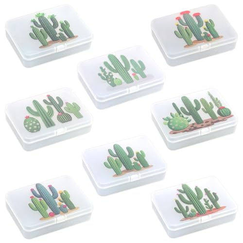 Image of Goodma 8 Pieces Cactus Image Pattern Frosted Rectangular Plastic Boxes Empty Storage Organizer Containers with Hinged Lids for Small Items and Other Craft Projects (4.5 x 3.3 x 1.1 inch)
