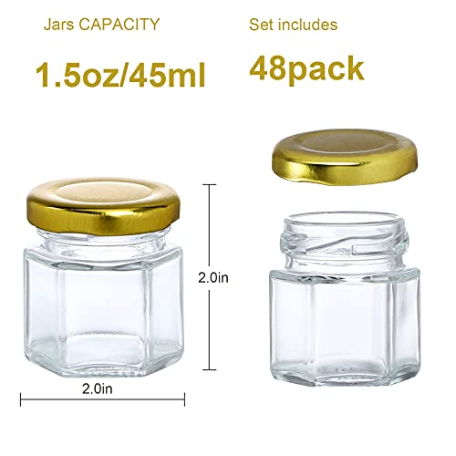 48 Pack 1.5oz Hexagon Glass Jars with Gold Lids, Mini Honey Jars, Small Spice Jars, Jam Jars for Gifts and Wedding Favors - Thumbnail 2