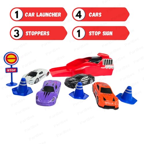 Image of Rapid Launcher Play Set Toy - Red /Blue - High-Speed Car Launcher with 4 Die Cast Metal Stunt Cars, 3 Stoppers & Stop Sign | Racing Game for Kids | Master Racer Sports DieCast Car Toys