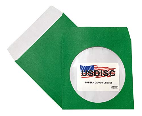 USDISC Paper Sleeves 100g Window, Flap, Green, Pack of 100
