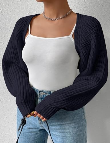 Image of Plus Size Women's Long Sleeve Open Front Crop Cardigan Drop Shoulder Shrug Oversized Ribbed Knit Bolero Sweater