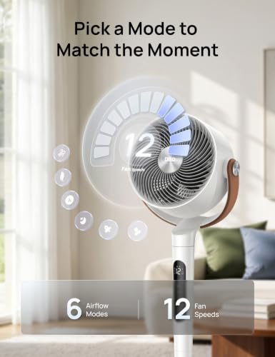 Image of DREO Smart Fan for Bedroom, 150+120 Omni-directional Oscillating, Quiet 20dB Fan, 100ft Air Circulator Pedestal Fan with DC Motor, 12 Speeds, 6 Modes, 37-42 inch Height, Wi-Fi /Voice /Alexa，RGB LED