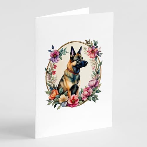 Caroline's Treasures Belgian Malinois and Flowers Greeting Cards and Envelopes Pack of 8 Blank Cards with Envelopes Whimsical A7 Size 5x7 Blank Greeting Cards