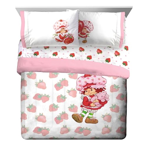 Image of Strawberry Shortcake Queen Comforter Set 7 Piece Kids Bedding, Pink | Bed in a Bag, Comforter Sheets Shams Pillowcases, Official Brand, Soft Microfiber, Machine Washable, Girls Gift