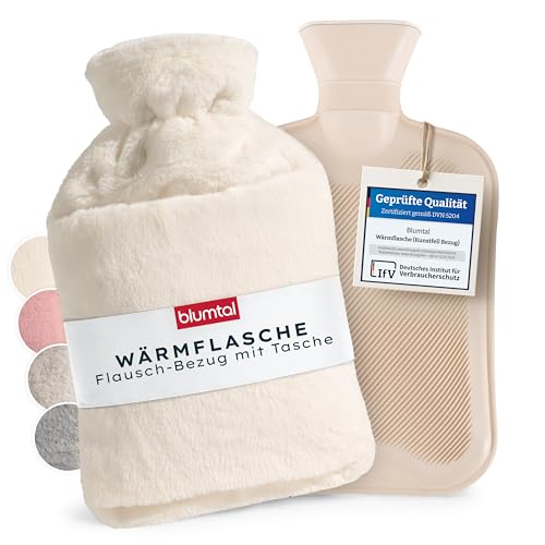 Blumtal Premium Wärmflasche mit Bezug & Tasche flauschig - Wärmeflasche aus verwendungssicherem Naturkautschuk mit Flauschbezug - auslaufsichere Bettflasche + Innenfutter - wärmende Bettflasche Creme