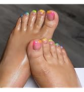 24 Pcs Colorful French Tip Press on Toenails Short Square Shape Nude Fake Toenails with Gradient ...
