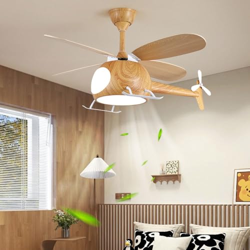 Children's Bedroom Ceiling Fan With Lights,Dimmable Kids Room Cartoon Ceiling Fan Lamp,Helicopter Model Wood Grain Airplane Pendant Light Decoration Fixtures,Remote Control Speed,Hydrographic Printing