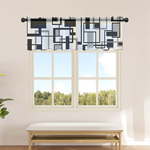 Black Grey Curtain Valances For Windows, Rod Pocket Kitchen Sheer Valance Bedroom Living Room Toppers Small Short Curtain, 54"X18" Window Treatments Modern Geometry White Plaid Middle Century #TOP26