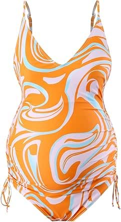 Traje de baño de maternidad, patrón de remolino naranja, cuello en V de una pieza con lados fruncidos, Anaranjado, M