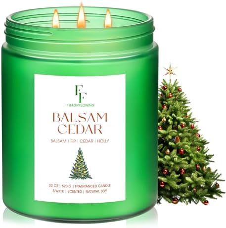 Large Christmas Candle Balsam Cedar Scented, 3-Wick 22oz Long Las...