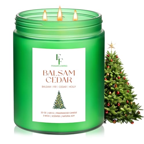 Image of Large Christmas Candle Balsam Cedar Scented, 3-Wick 22oz Long Lasting Scented Candle, Natural Soy Wax Aromatherapy Candle for Home, Holiday Candle Gifts for Women Men