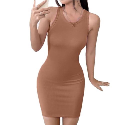 Image of Solid Sleeveless Round Neck Ribbed Western Bodycon Dress For Women