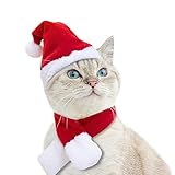Enjoying 猫と子犬用のクリスマス帽子と赤いスカーフ、ウサギのクリスマス衣装、ペット用サンタ帽子とスカーフのセット、寒い日の防寒対策、お正月のコスプレ用