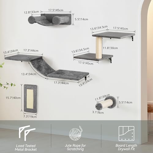 5-in-1 Cat Wall Shelves, Stable & Safe Wall Mounted Cat Furniture Set, Cats Wall Bed, Door Hanging Cat Shelf, Cats Shelves for Wall, with House, Steps, Scratcher, Hammock, Shelves (B-KM061)