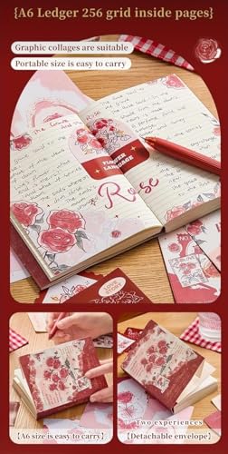 Image of Invite Enterprise 346PCS Vintage Scrapbook Kit Aesthetic Junk Journal Set with Stickers, Washi Tape & A6 Notebook with Decorative Paper Stationery (Romantic Manor Love-Red)