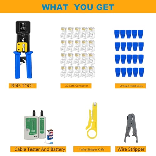 Image of XIKKART Tool Kit, RJ45 Wire Cutter, Pass Through Cat5 Cat5e Cat6 Professional Heavy Duty Crimping tool with Lan Tester, Universal Wire Stripper, 20pc Rj45 Connector, 20pc Boot, Wire Cutter