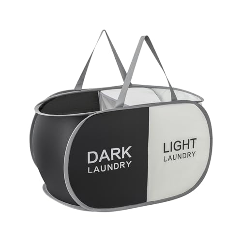 TECHMILLY ランドリーバスケット 横型 折りたたみ 洗濯カゴ 大容量 75L 2分割 ランドリーバッグ 取っ手付き バスルーム 洗濯物入れ 軽量 旅行 ランドリー収納 ゴミ箱 長さ58cm×幅さ33.5cm×高さ34cm(ベージュ+ブラック、1PCS)