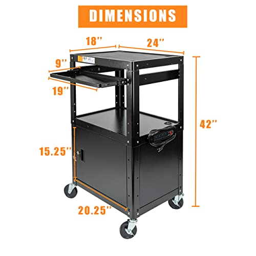 Metateel Steel Large Av Cart With Extra Storage - Adjustable Height Cart With Locking Cabinet, Pullout Tray, Power Strip, And Cord Management - Holds 300 Lbs And Easy To Assemble (24'' X 18'' X 42'') #TOP2