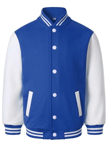 HOOD CREW Kids Varsity Jackets Girls Boys Letterman Baseball Jacket Lightweight Bomber Coat School Outwear with Pocket Blue 12T