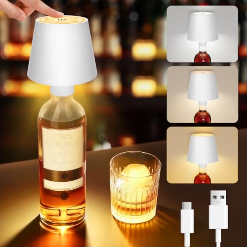 LED Lampada Bottiglia Ricaricabile USB, Controllo a Sfioramento di 3 Modalità di Temperatura Colore, 5200mAh Lampada Tappo Bottiglia Senza Fili Dimmerabile, per Ristorante, Soggiorno, Bar (Bianco)