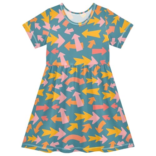 Arrow Pattern Girls Dresses Short Sleeve Casual Midi Sundress for Kids