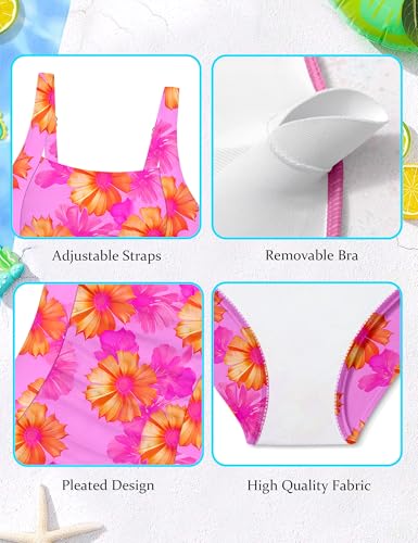 Image of Girl Swimsuit One Piece Bathing Suit for Girls Solid Color Ruched Adjustable Straps Padded Swimwear 9-18y