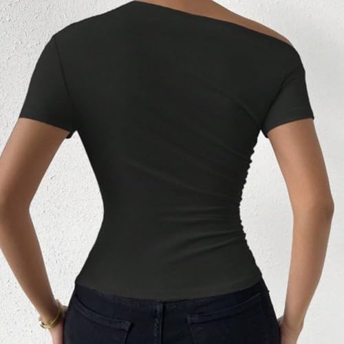 Top de Mujer con un Hombro y Manga Corta, diseño con Volantes, Negro/Beige