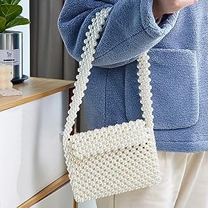 PR HAND WORKS Woman's White Pearl Beaded Purse Sling Shoulder Bag for Women and Girls Clutches Evening Bead Bag (6 Inch x 8 Inch) - Image 8